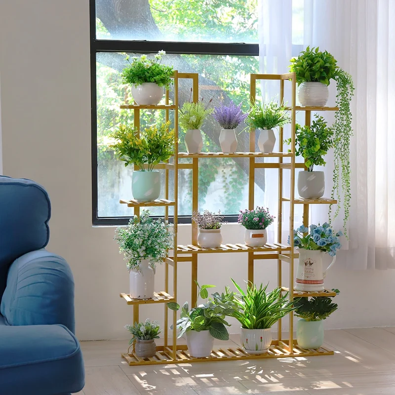 [US Warehouse] 9-layer bamboo 17-potted plant stand multiple flower pot racks indoor and outdoor flower pot display rack terrace