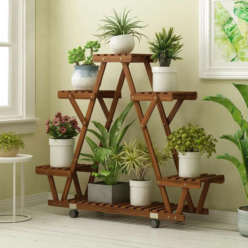 [US Warehouse] Triangular plant rack 6 potted wood plant rack flower pot rack display storage rack with wheels for gardening