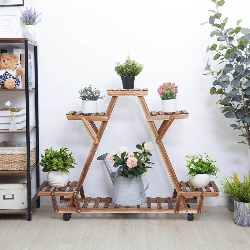 [US Warehouse] Triangular plant rack 6 potted wood plant rack flower pot rack display storage rack with wheels for gardening