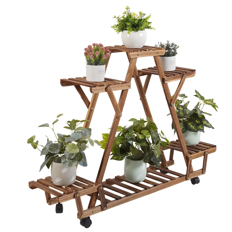 [US Warehouse] Triangular plant rack 6 potted wood plant rack flower pot rack display storage rack with wheels for gardening