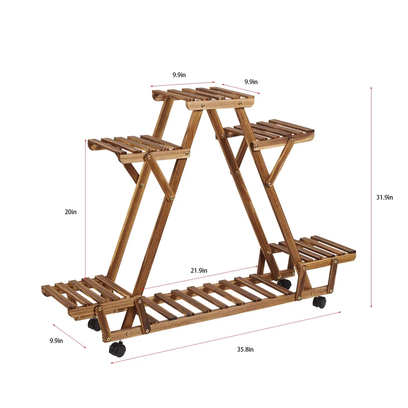 [US Warehouse] Triangular plant rack 6 potted wood plant rack flower pot rack display storage rack with wheels for gardening