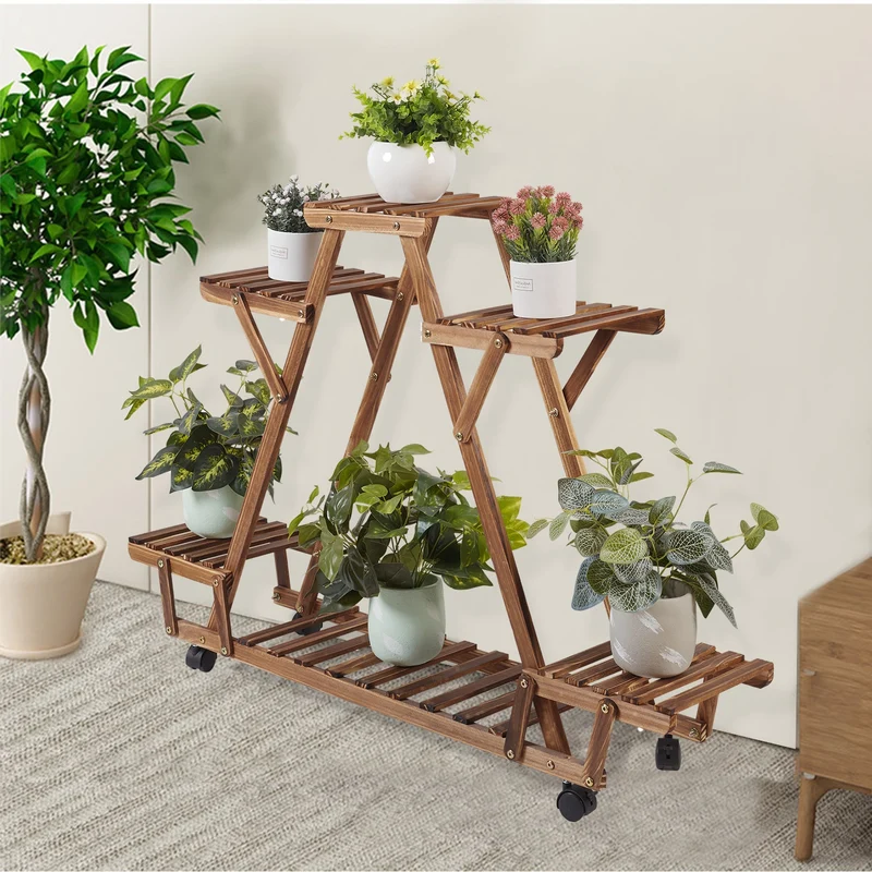 [US Warehouse] Triangular plant rack 6 potted wood plant rack flower pot rack display storage rack with wheels for gardening