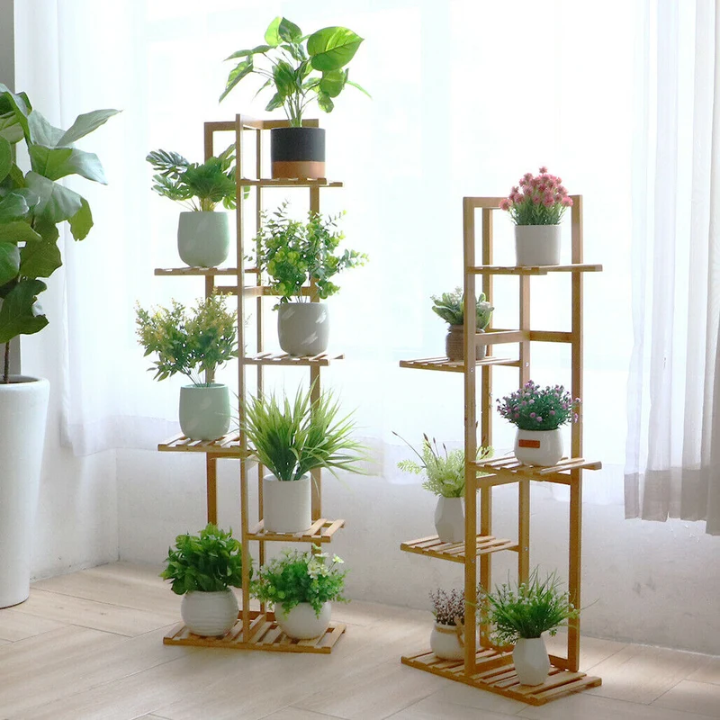 [US Warehouse] Bamboo-made 5/6-layer plant stand, flower pot stand, indoor and outdoor flower pot display stand unit