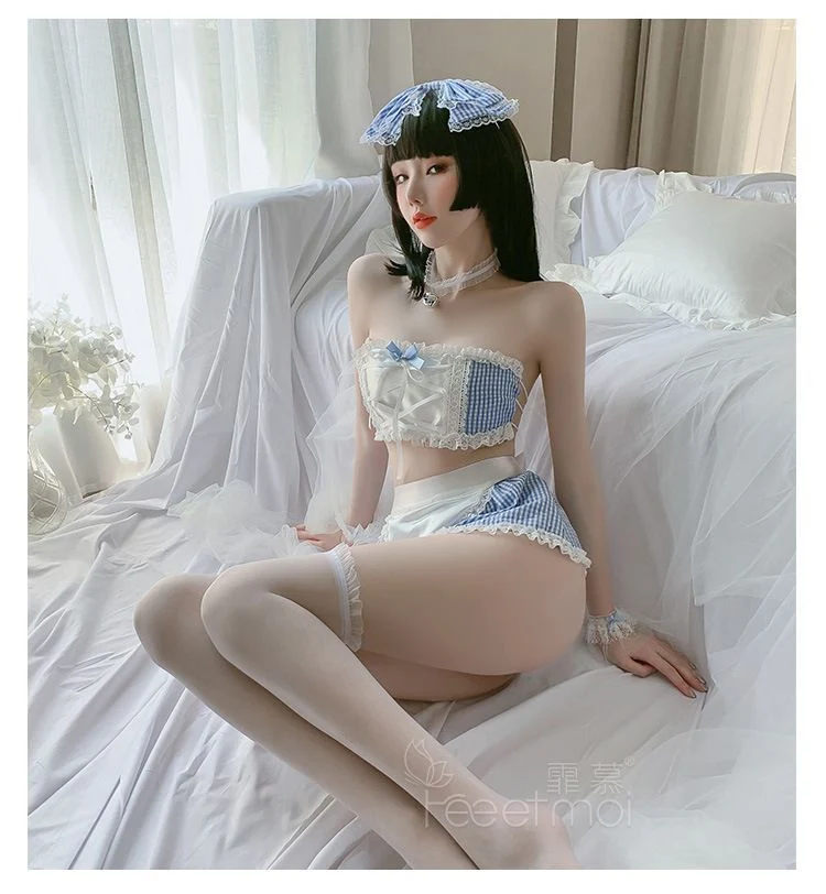 [Self-operated] Japanese maid underwear set, tube top + miniskirt + apron + thong + headband + choker + bracelet
