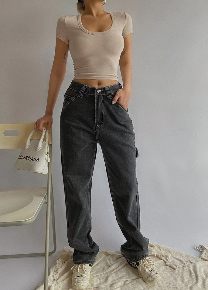 [Self-operated] Stitched high-waisted straight-leg loose jeans available in multiple colors