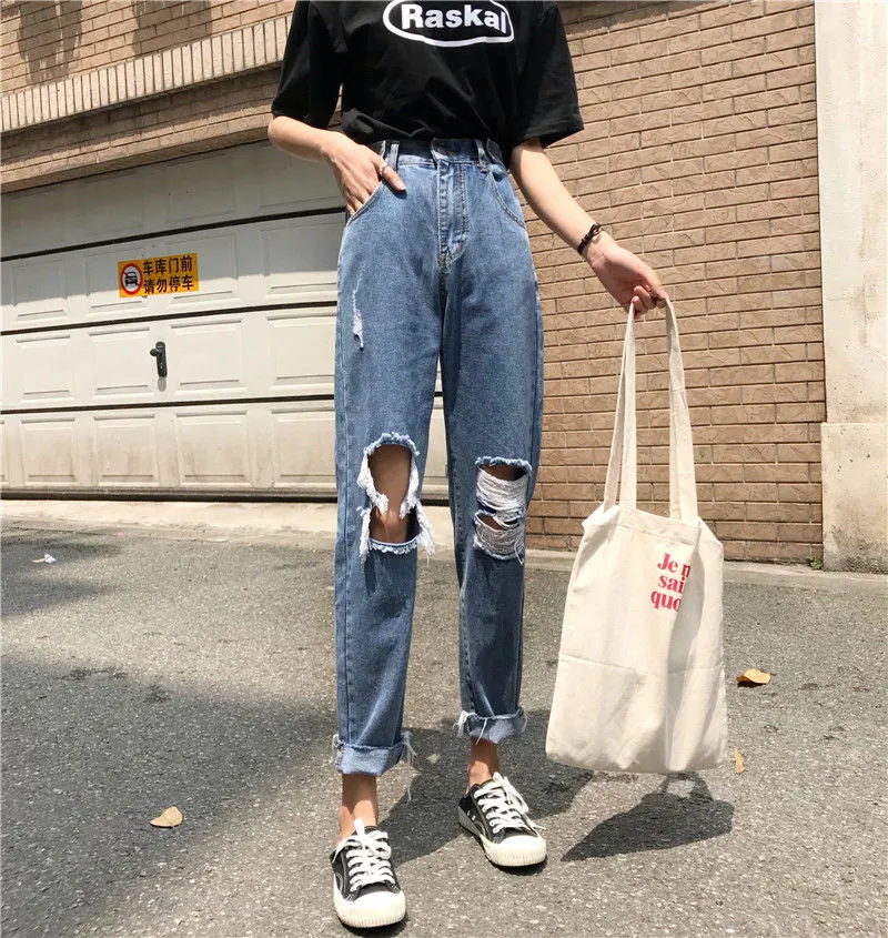 [Self-operated] Straight-leg high-cut distressed ripped jeans