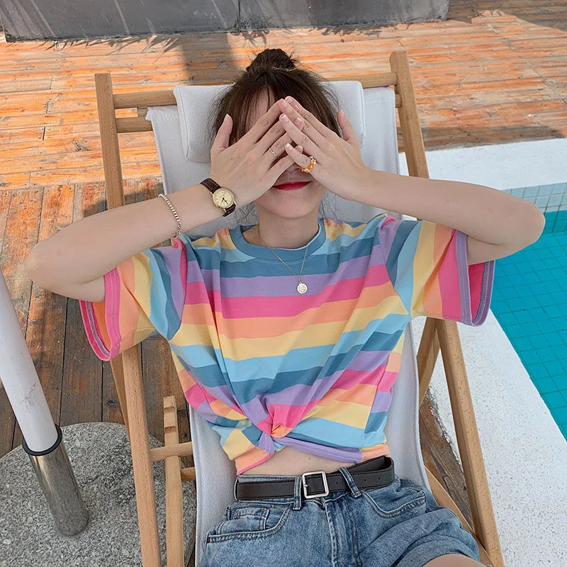 [Self-operated] Colorblock striped summer short-sleeved T-shirt