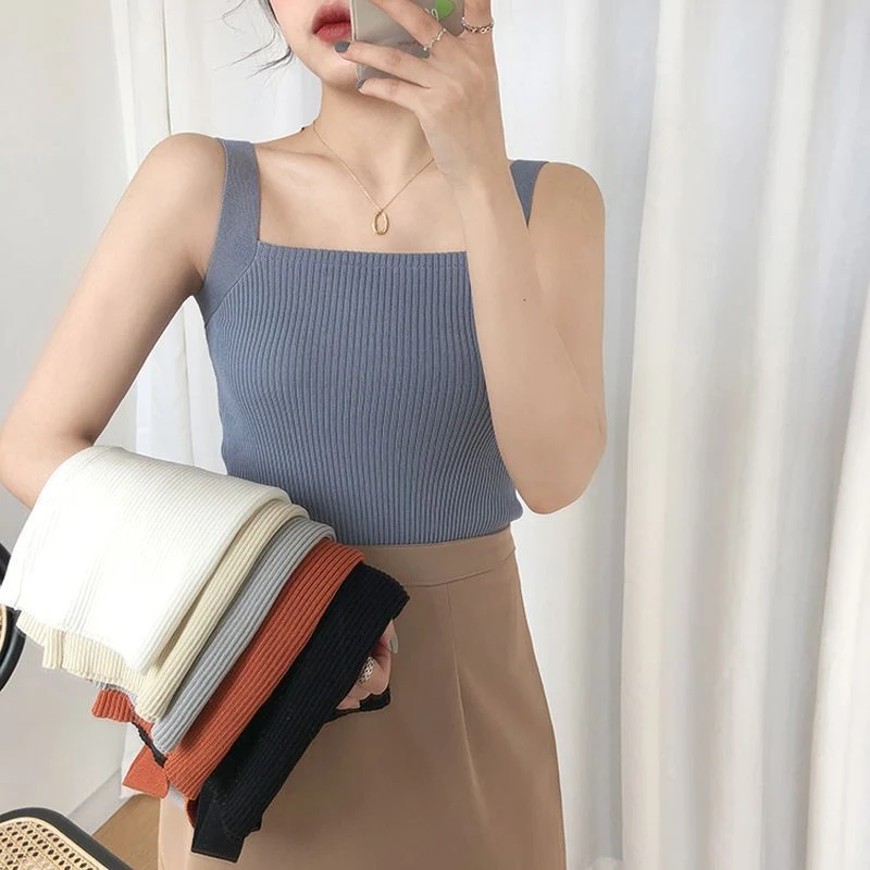 [Self-operated] Square collar ribbed knitted vest, comfortable and casual top
