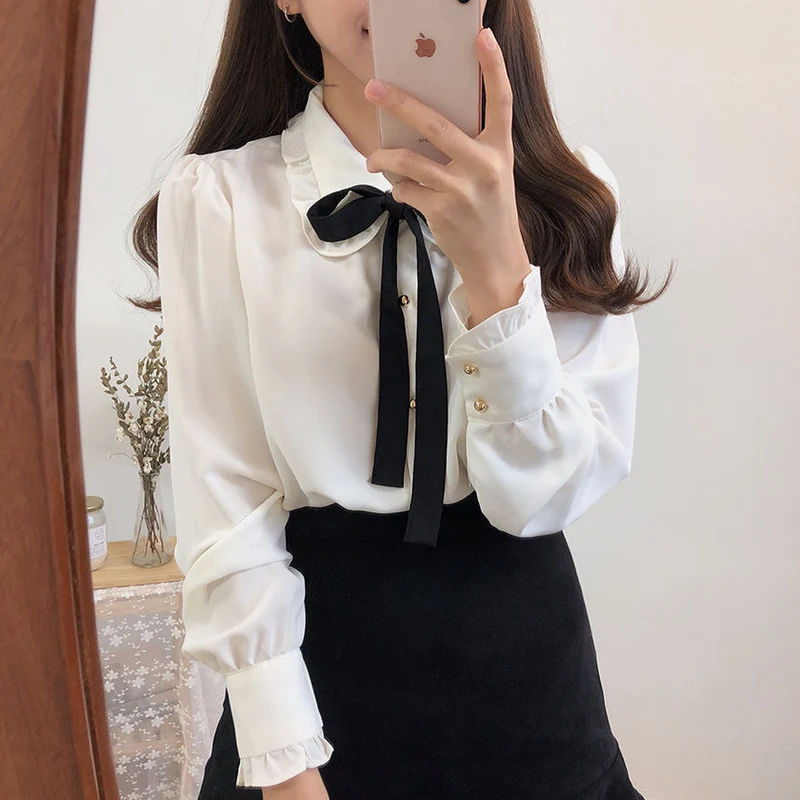 [Self-operated] Bow-tie campus-style long-sleeved shirt, multiple colors available