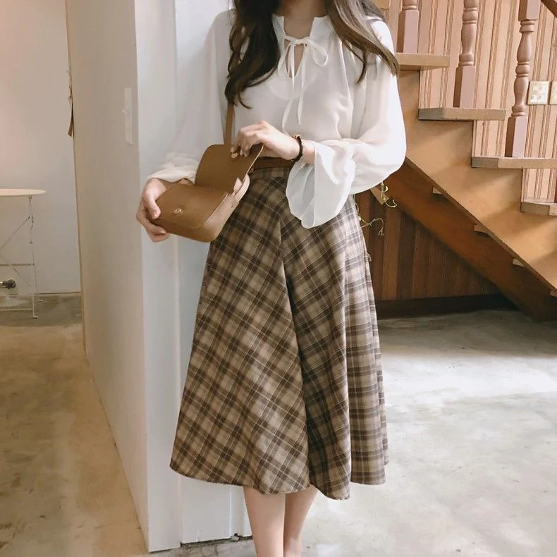 [Self-operated] Ladies fashionable plaid A-line long skirt