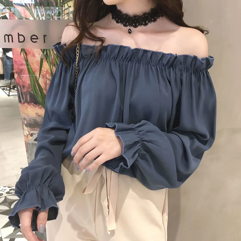 [Self-operated] Sweet off-shoulder ruffled shirt, multiple colors available