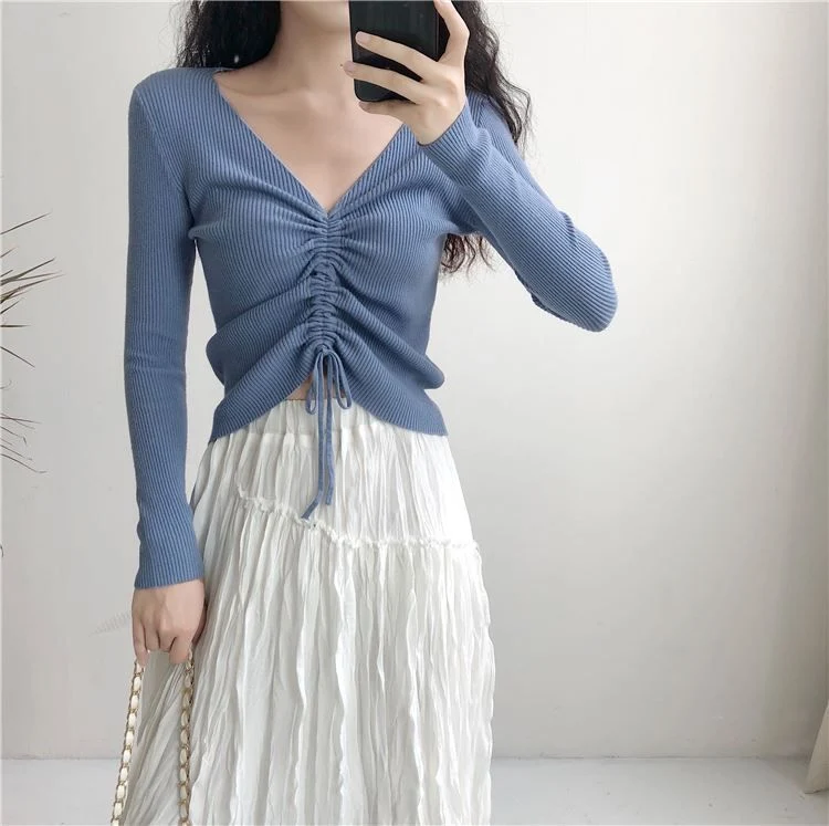 [Self-operated] Drawstring V-neck short top, multiple colors available