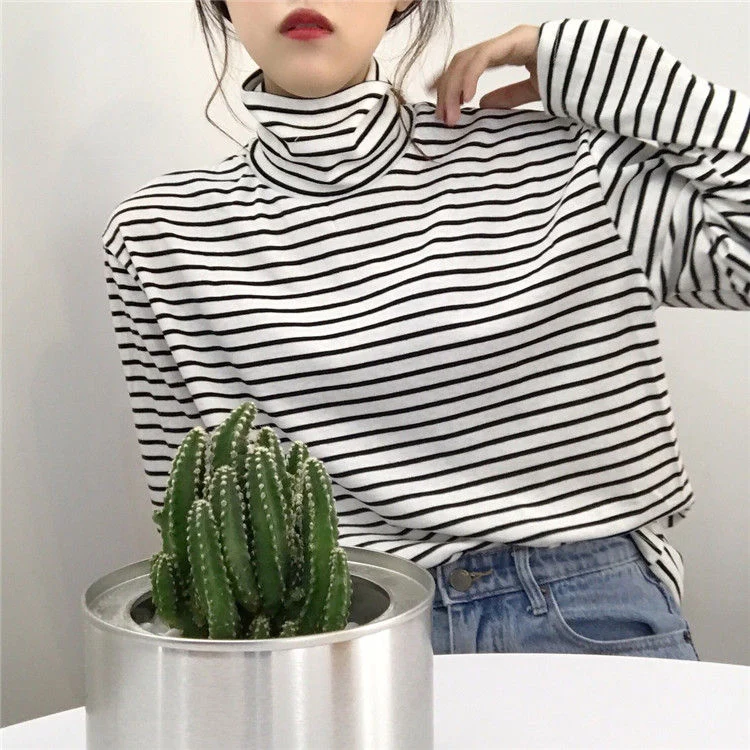 [Self-operated] Fashionable striped turtleneck T-shirt, multiple colors available
