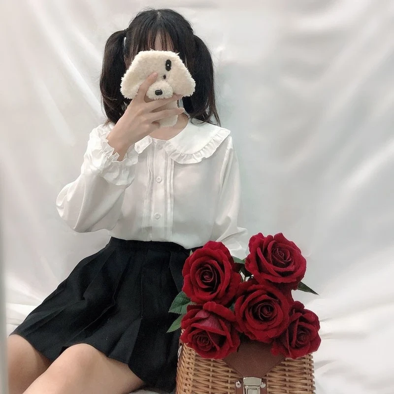 [US Warehouse] White shirt, Kawaii Peter Pan collar shirt, button-down long-sleeved cute ruffle top, Lolita style forest girl