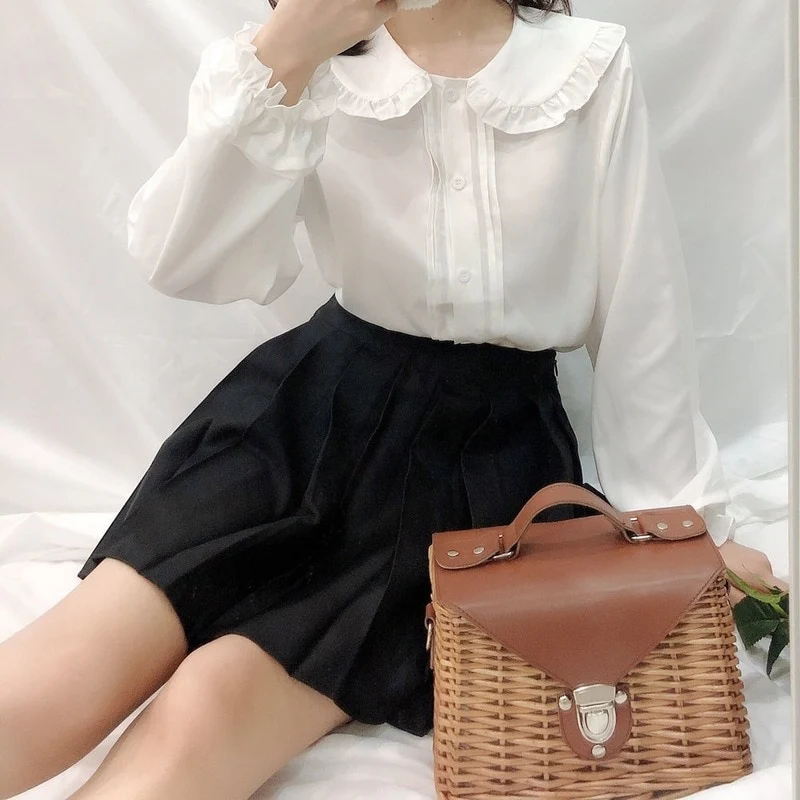 [US Warehouse] White shirt, Kawaii Peter Pan collar shirt, button-down long-sleeved cute ruffle top, Lolita style forest girl