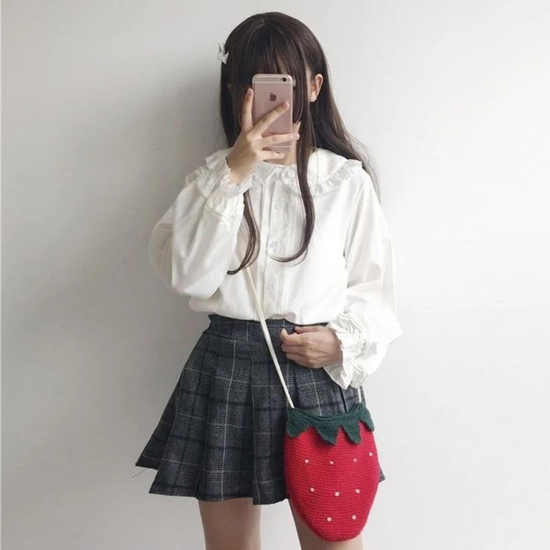 [US Warehouse] White shirt, Kawaii Peter Pan collar shirt, button-down long-sleeved cute ruffle top, Lolita style forest girl