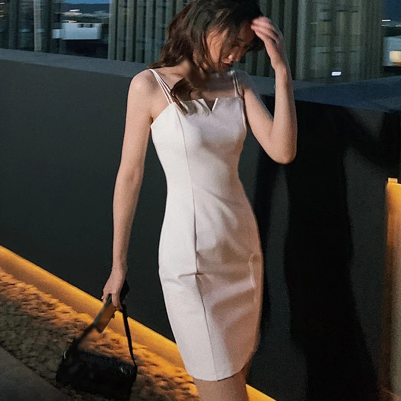 [US Warehouse] Summer Women's V-neck Solid Color Sleeveless Sexy Suspender Skirt Banquet Party Slim-fitting Hip Skirt