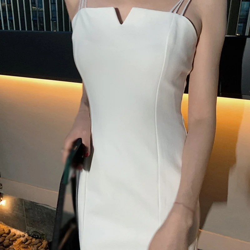 [US Warehouse] Summer Women's V-neck Solid Color Sleeveless Sexy Suspender Skirt Banquet Party Slim-fitting Hip Skirt