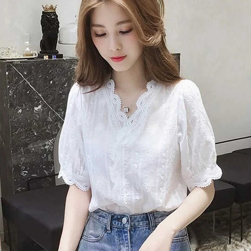 [US Warehouse] Lace Hollow Sweet Girl Loose White Shirt Women's V-neck Half Sleeve Shirt Office Ladies