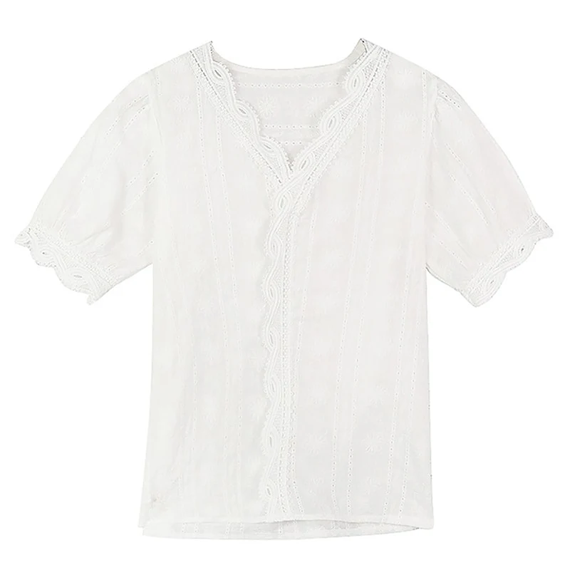 [US Warehouse] Lace Hollow Sweet Girl Loose White Shirt Women's V-neck Half Sleeve Shirt Office Ladies