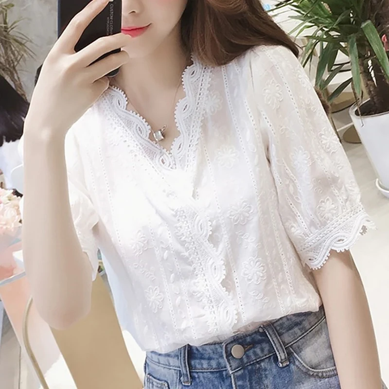 [US Warehouse] Lace Hollow Sweet Girl Loose White Shirt Women's V-neck Half Sleeve Shirt Office Ladies