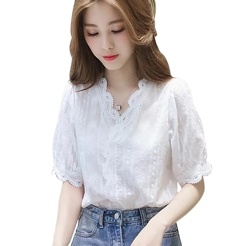 [US Warehouse] Lace Hollow Sweet Girl Loose White Shirt Women's V-neck Half Sleeve Shirt Office Ladies