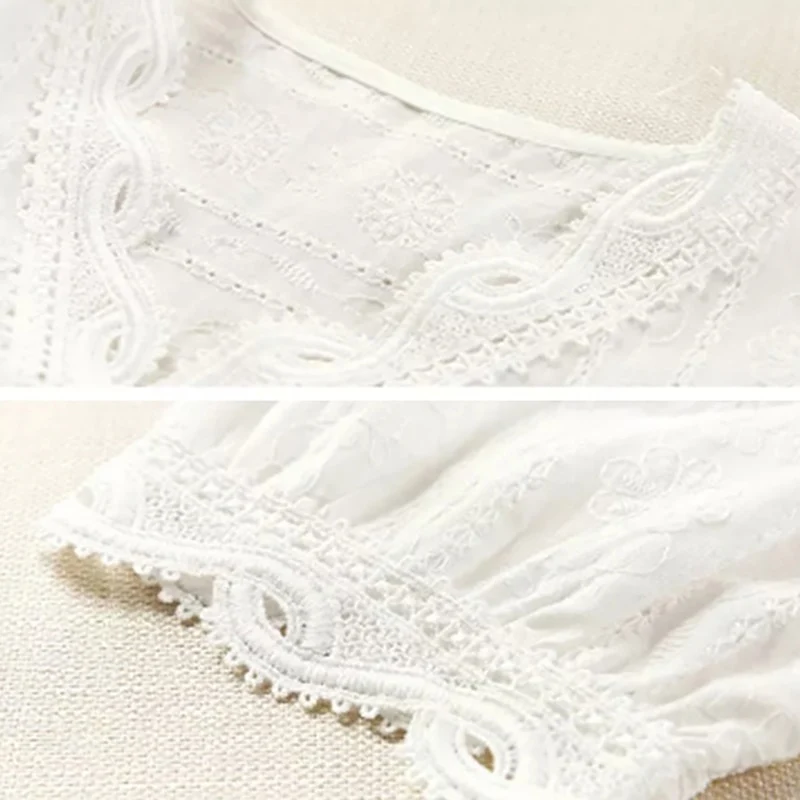 [US Warehouse] Lace Hollow Sweet Girl Loose White Shirt Women's V-neck Half Sleeve Shirt Office Ladies