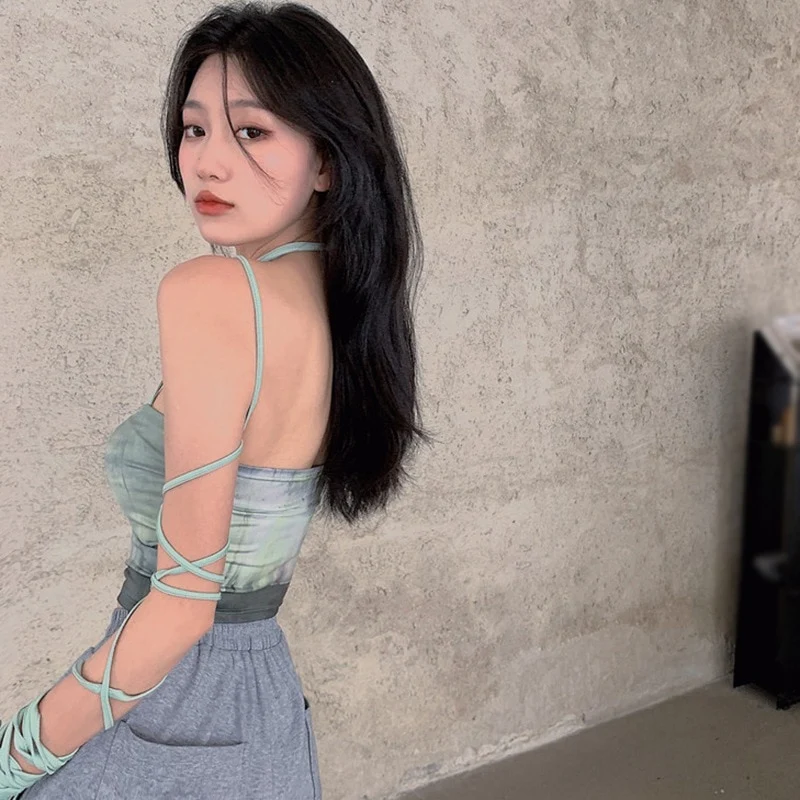 [US Warehouse] Women's Tops Tie Dye Bra Hanging Sexy Slim Camisole Bandage Vest Mint Sleeveless Summer Top Green