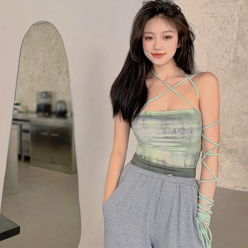 [US Warehouse] Women's Tops Tie Dye Bra Hanging Sexy Slim Camisole Bandage Vest Mint Sleeveless Summer Top Green
