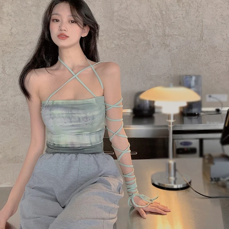 [US Warehouse] Women's Tops Tie Dye Bra Hanging Sexy Slim Camisole Bandage Vest Mint Sleeveless Summer Top Green