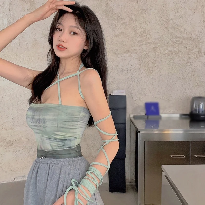 [US Warehouse] Women's Tops Tie Dye Bra Hanging Sexy Slim Camisole Bandage Vest Mint Sleeveless Summer Top Green