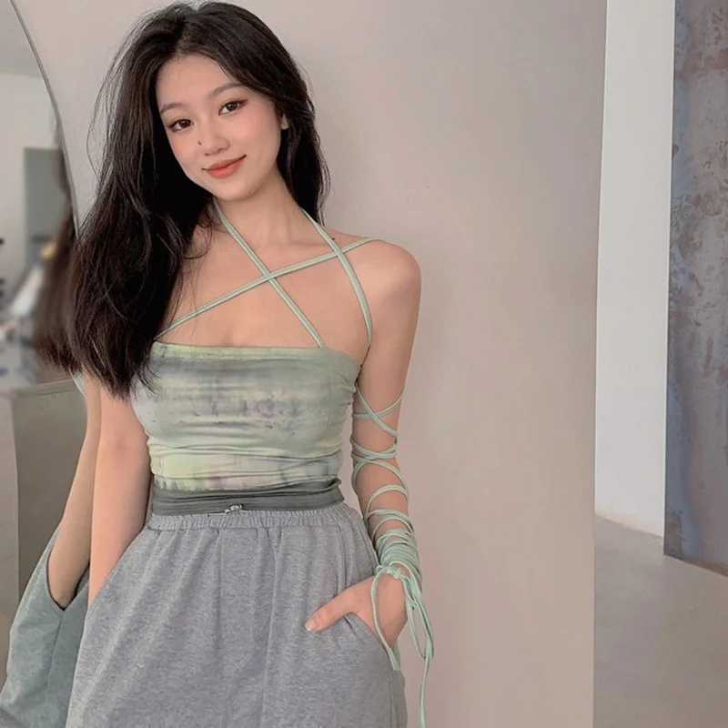 [US Warehouse] Women's Tops Tie Dye Bra Hanging Sexy Slim Camisole Bandage Vest Mint Sleeveless Summer Top Green