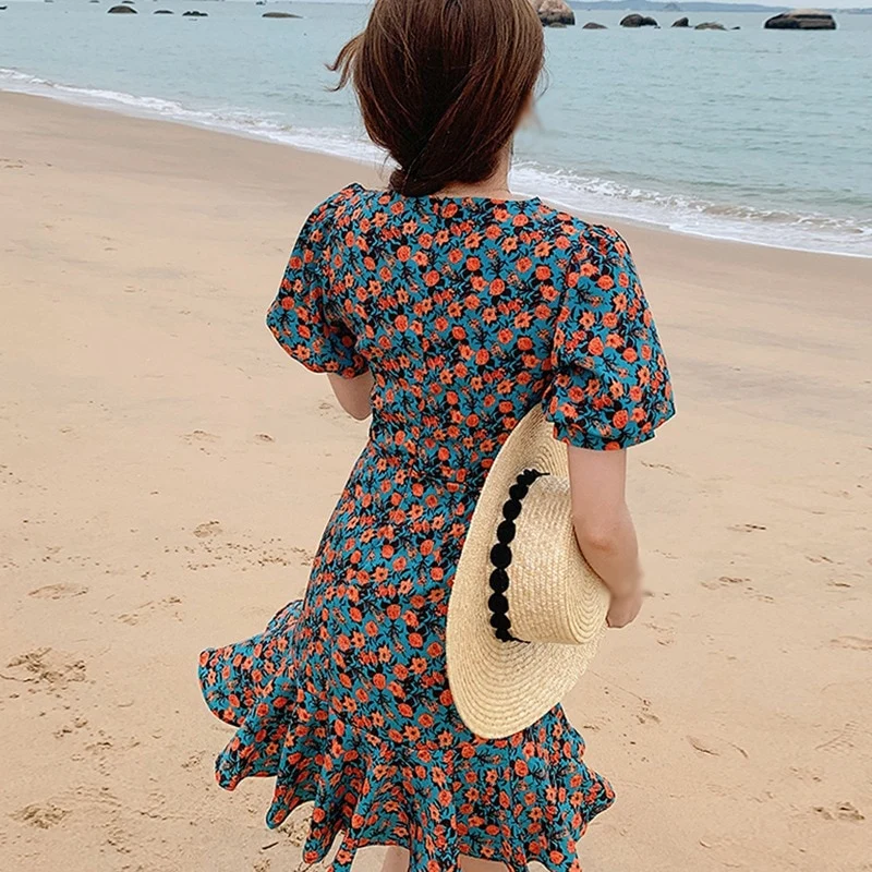 [US Warehouse] New summer casual floral women's clothing, cute puff sleeves, elegant thin first love skirt with leaves, student waist skirt