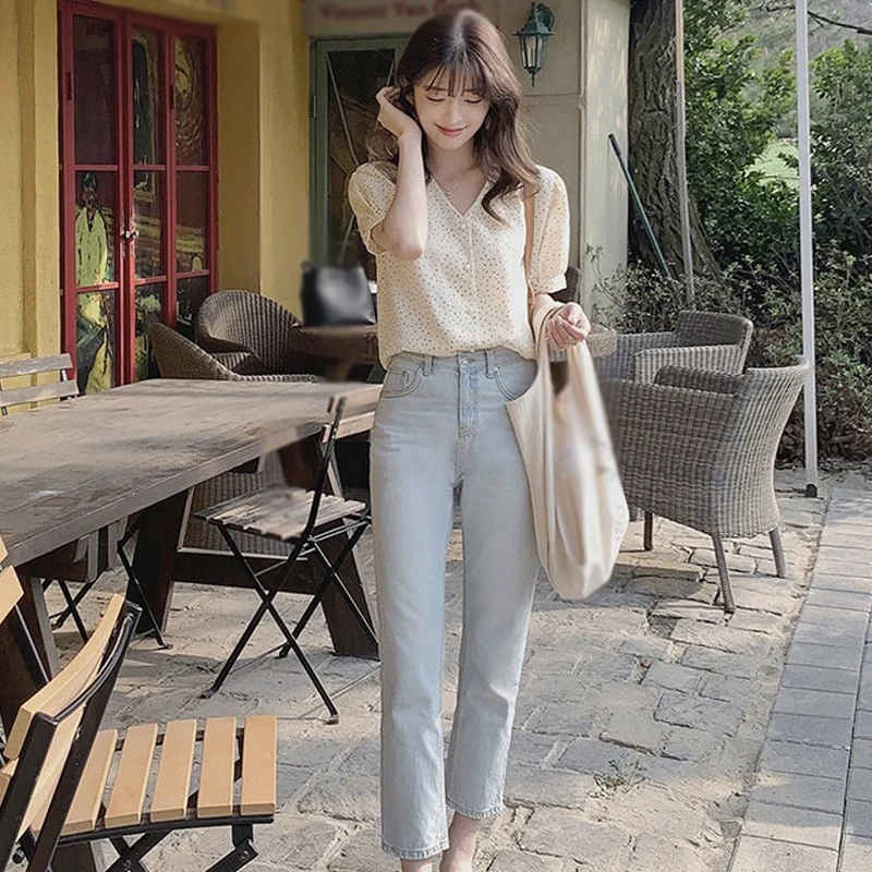 [US Warehouse] Women's fresh chiffon loose top, summer thin and versatile short-sleeved V-neck belly shirt