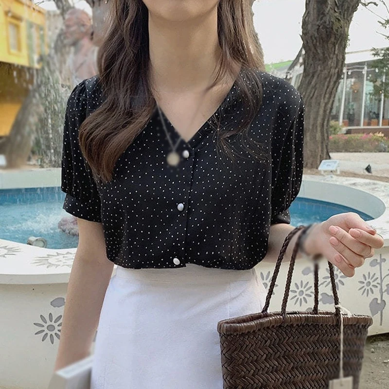 [US Warehouse] Women's fresh chiffon loose top, summer thin and versatile short-sleeved V-neck belly shirt