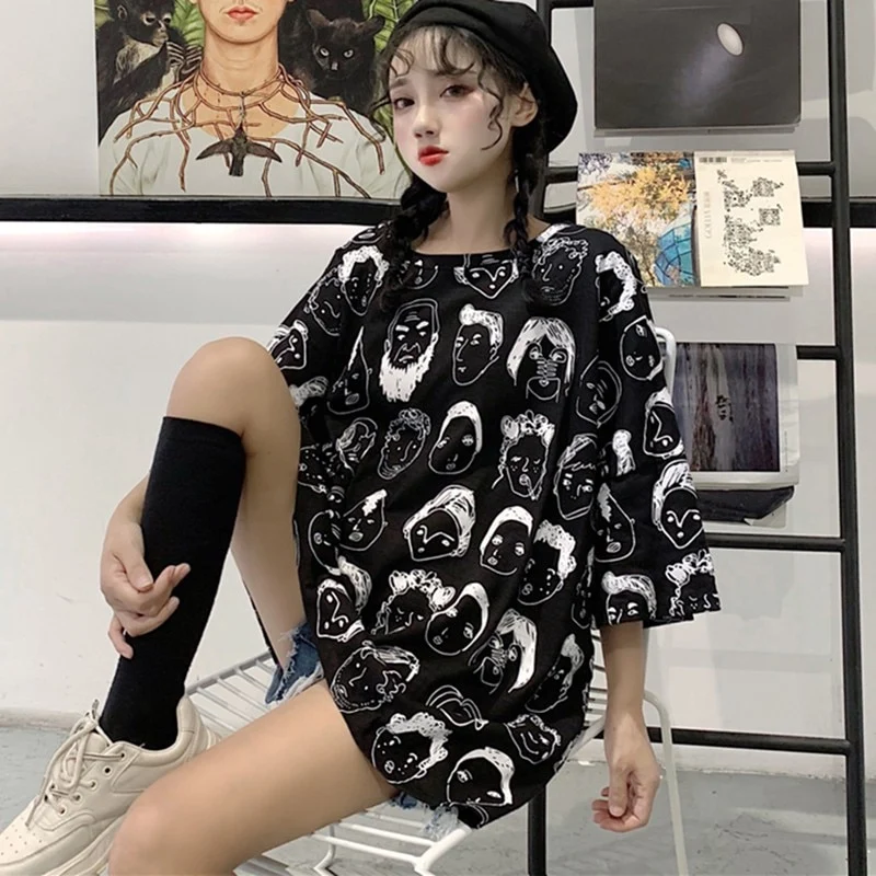 [US Warehouse] Women's Elegant Korean T-shirt Loose Short Sleeve O-neck Graphic Print T-shirt Extra Large Clothes
