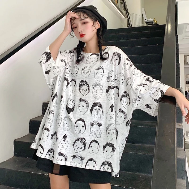 [US Warehouse] Women's Elegant Korean T-shirt Loose Short Sleeve O-neck Graphic Print T-shirt Extra Large Clothes