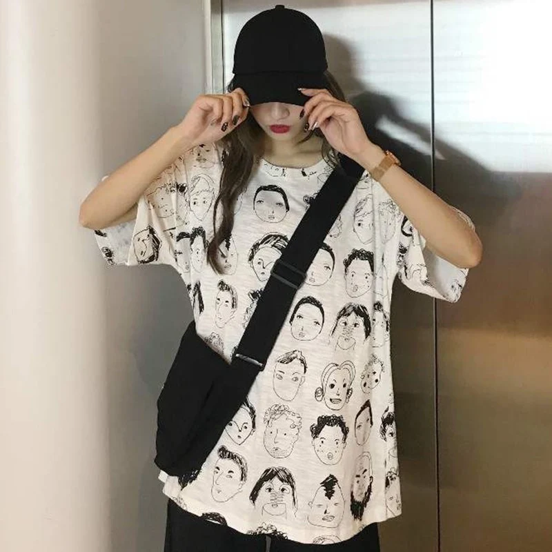 [US Warehouse] Women's Elegant Korean T-shirt Loose Short Sleeve O-neck Graphic Print T-shirt Extra Large Clothes