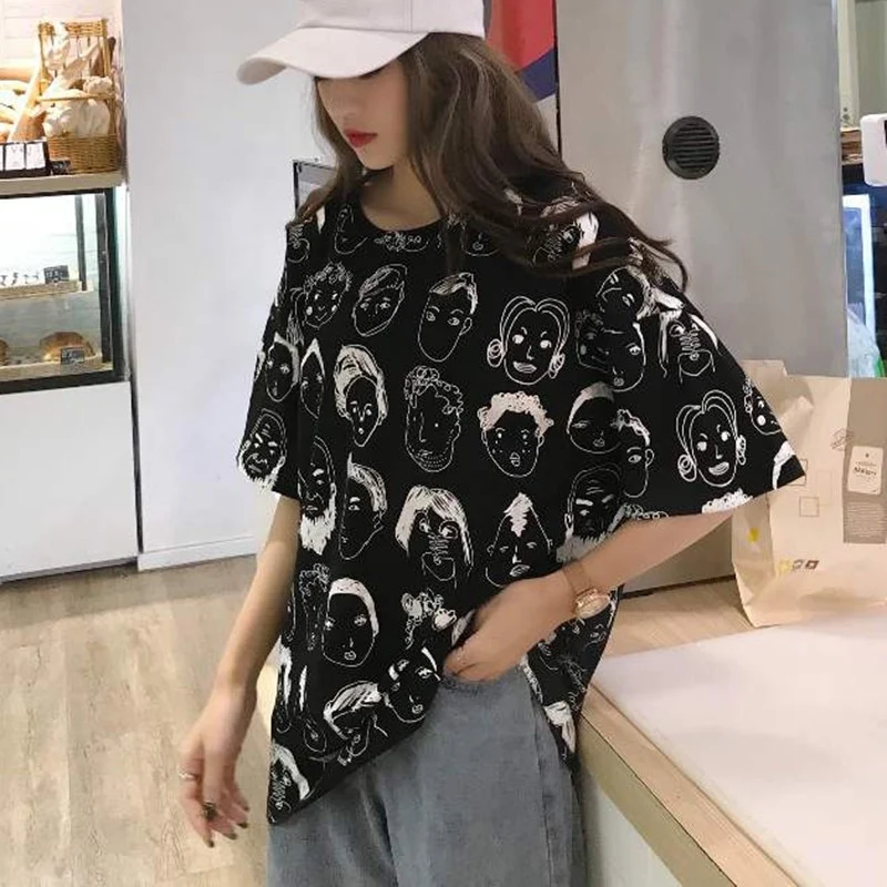 [US Warehouse] Women's Elegant Korean T-shirt Loose Short Sleeve O-neck Graphic Print T-shirt Extra Large Clothes