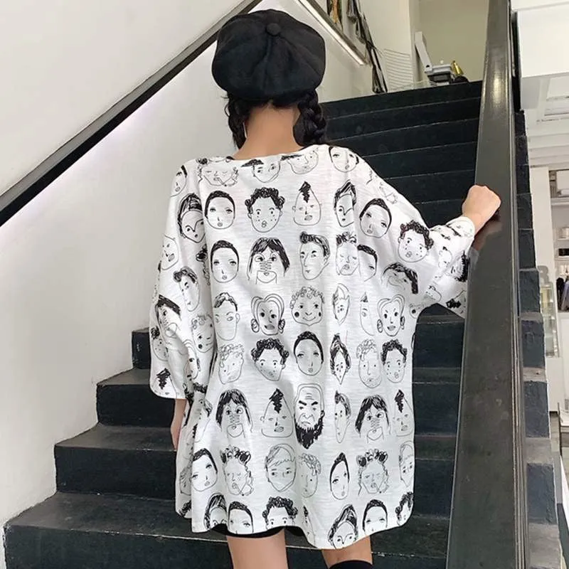 [US Warehouse] Women's Elegant Korean T-shirt Loose Short Sleeve O-neck Graphic Print T-shirt Extra Large Clothes
