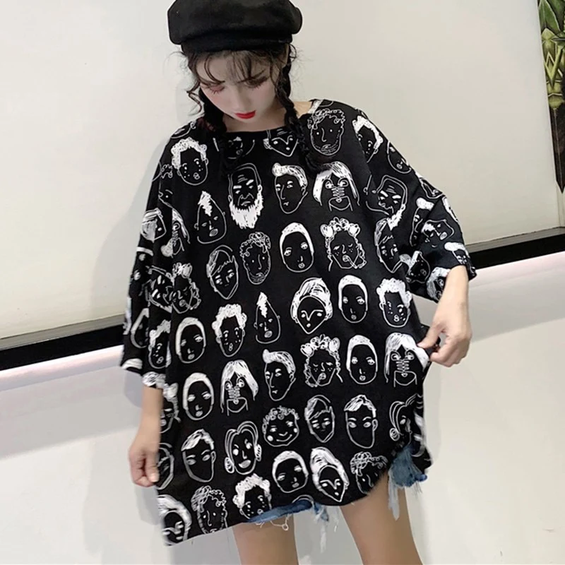 [US Warehouse] Women's Elegant Korean T-shirt Loose Short Sleeve O-neck Graphic Print T-shirt Extra Large Clothes