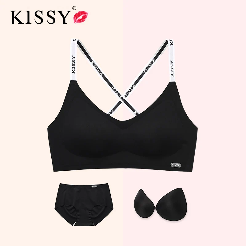 [Self-operated] Chinese KISSY, sling style, wire-free, traceless underwear, cross sling style, push-up sports bra, comes with panties and breast pads, multiple colors available