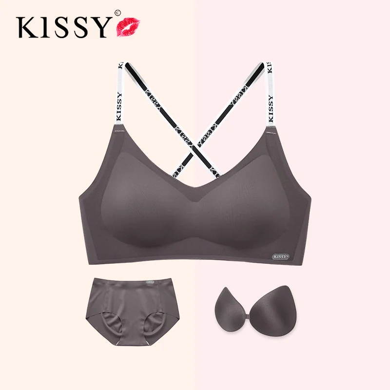 [Self-operated] Chinese KISSY, sling style, wire-free, traceless underwear, cross sling style, push-up sports bra, comes with panties and breast pads, multiple colors available