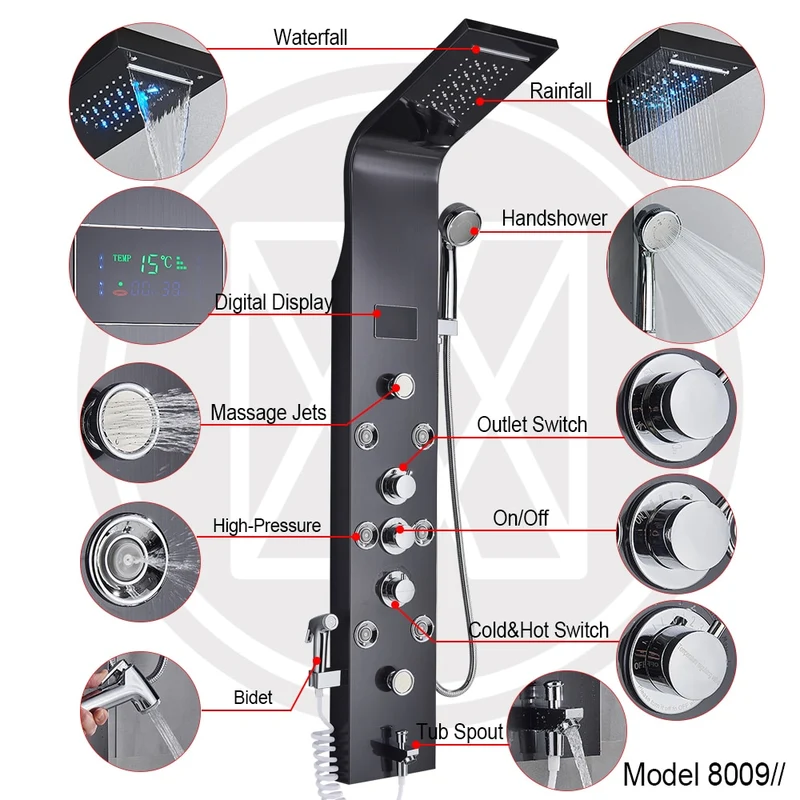 [US Warehouse] LED light shower faucet bathroom SPA massage head shower column system waterfall shower panel bidet sprayer