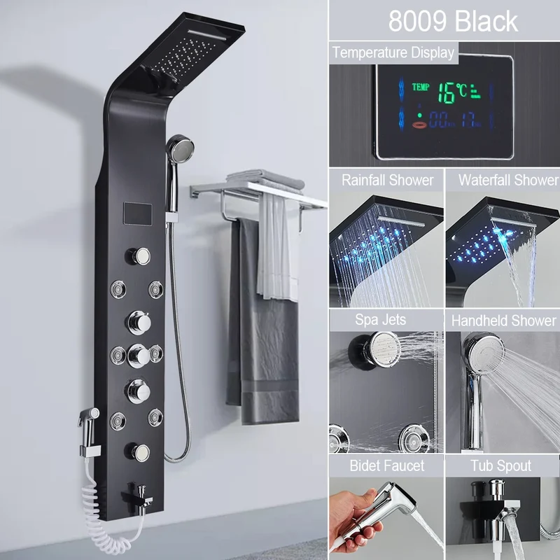 [US Warehouse] LED light shower faucet bathroom SPA massage head shower column system waterfall shower panel bidet sprayer