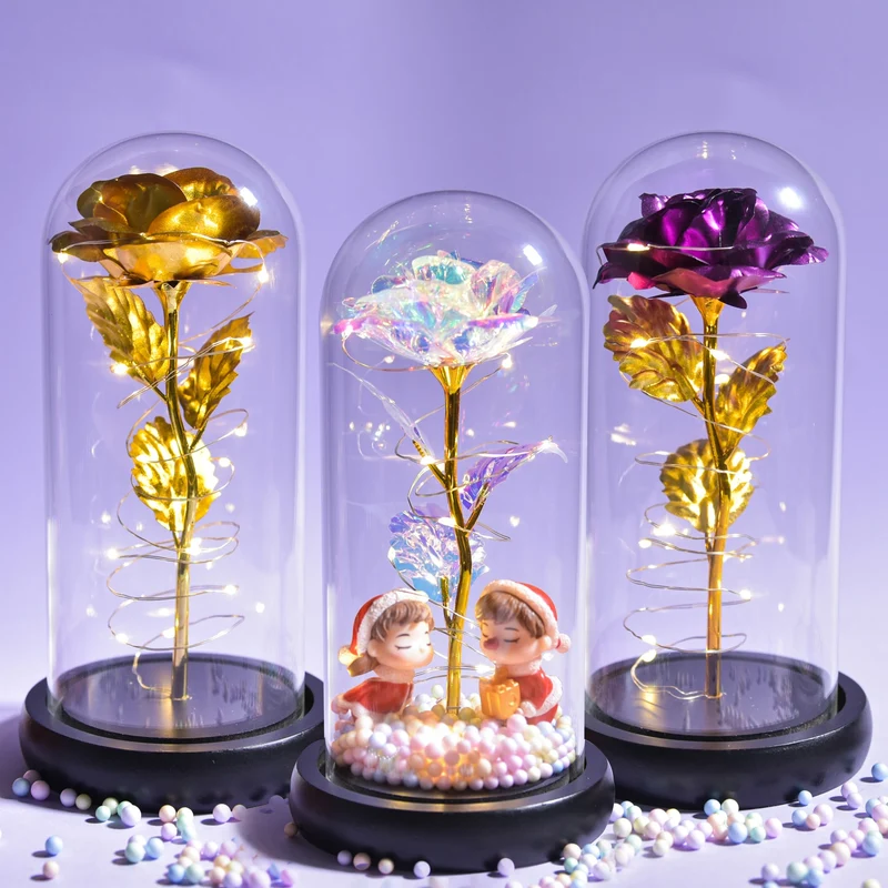 [US Warehouse] Beauty and the Beast Glass Preserved Rose Galaxy Rose LED Light Artificial Flower Christmas Valentine's Day Birthday Gift