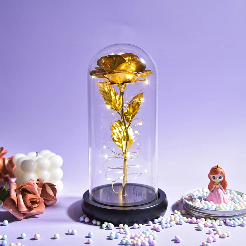 [US Warehouse] Beauty and the Beast Glass Preserved Rose Galaxy Rose LED Light Artificial Flower Christmas Valentine's Day Birthday Gift
