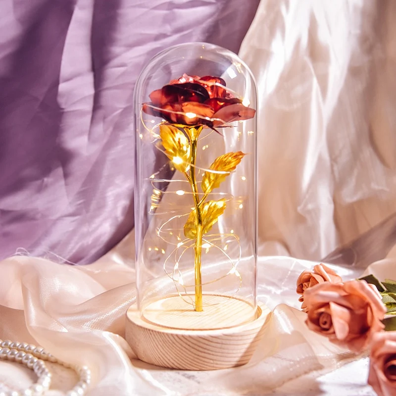 [US Warehouse] Beauty and the Beast Glass Preserved Rose Galaxy Rose LED Light Artificial Flower Christmas Valentine's Day Birthday Gift