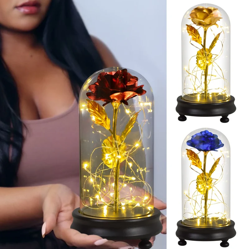 [US Warehouse] Beauty and the Beast Glass Preserved Rose Galaxy Rose LED Light Artificial Flower Christmas Valentine's Day Birthday Gift
