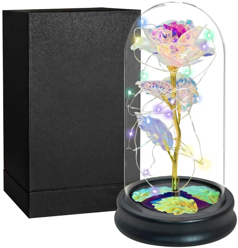 [US Warehouse] Beauty and the Beast Glass Preserved Rose Galaxy Rose LED Light Artificial Flower Christmas Valentine's Day Birthday Gift